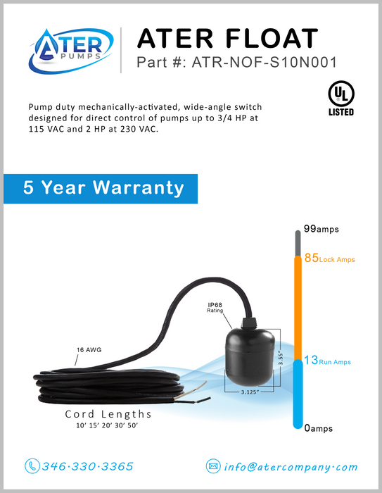 ATER Pump Mid Suction Effluent Pump 115V, 20 GPM, 1/2 HP with a 10' Float Switch
