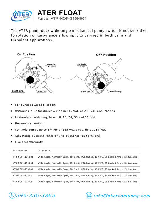 ATER Pump Mid Suction Effluent Pump 115V, 20 GPM, 1/2 HP with a 10' Float Switch