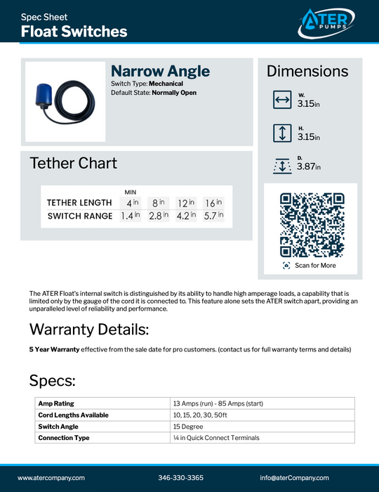 ATER Narrow Angle Mechanical Float Switch  w/10' Cord NA13-10'