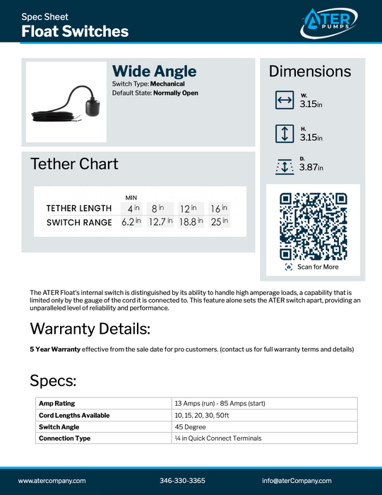 ATER Mechanical Float Switch w/20' Cord WA13-20'